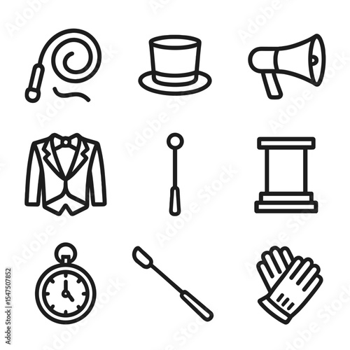 Ringmaster Icon Set. Outline icon set of ringmaster essentials: whip, top hat, megaphone, tailcoat, command baton, podium, pocket