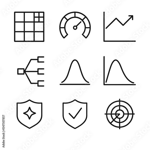 Risk and Camp Icons. Outline icon set of risk management analytics: risk heatmap, value at risk gauge, stress test chart, scenario
