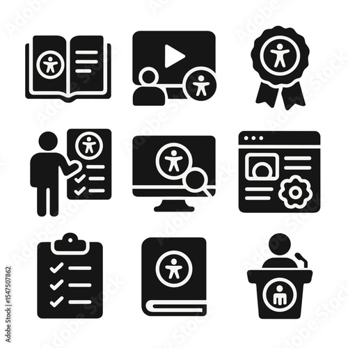 Educational Icons Set. Solid, filled icons set of training and education in accessibility: tutorial book,