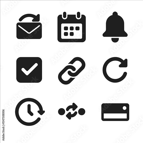 Email and Calendar Icons. Solid, filled icons set of email and calendar syncing: mail sync, calendar icon,