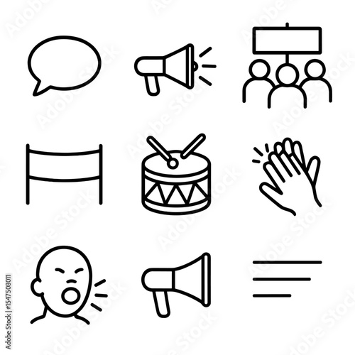 Protest Icon Set. Outline icon set of slogans and chants: speech bubble, megaphone with text, chant group, banner with text,
