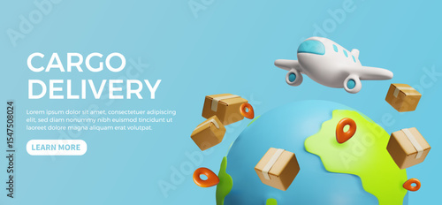Airplane flight cargo delivery service advertising landing page vector 3D cartoon design, order shipping, logistic