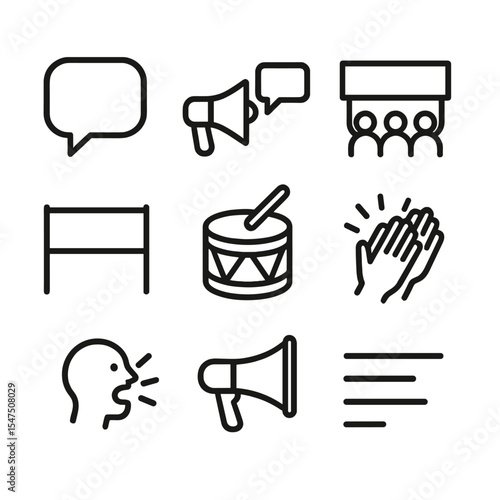 Protest Icon Set. Outline icon set of slogans and chants: speech bubble, megaphone with text, chant group, banner with text,