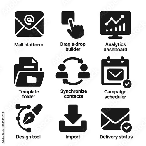 Email Marketing Icons. Solid, filled icons set of email marketing tools: mail platform icon, drag-and-drop