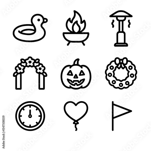 Seasonal Rooftop Icons. Outline icon set of seasonal rooftop events: summer pool float, autumn fire pit, winter heater lamp,