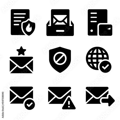 Email Factors Icons. Solid, filled icons set of email deliverability factors: spam score, inbox placement,