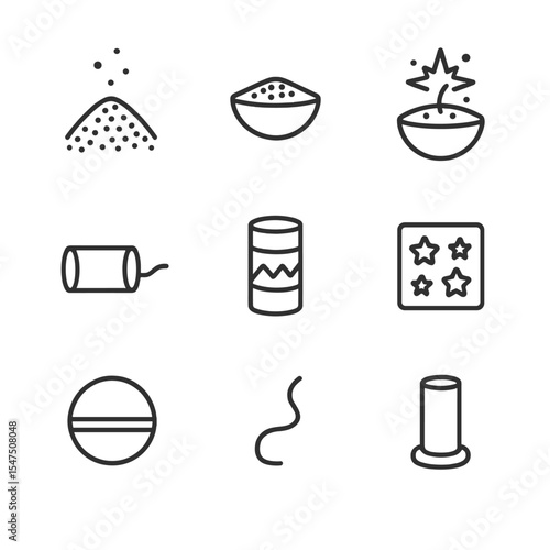 Pyrotechnic Components Icons. Outline icon set of pyrotechnic device components: black powder charge, lift charge, burst charge,