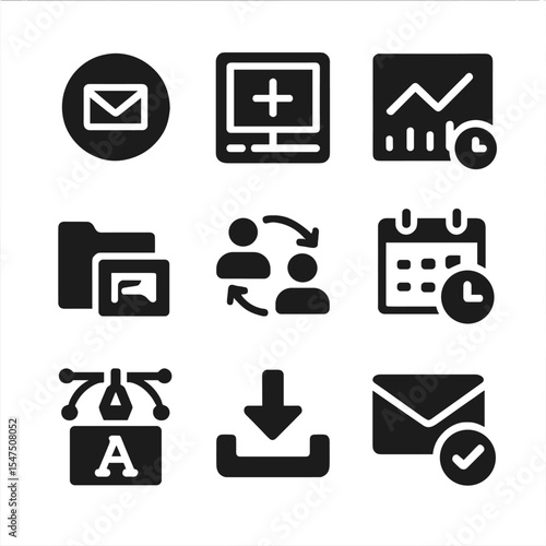 Email Marketing Icons. Solid, filled icons set of email marketing tools: mail platform icon, drag-and-drop