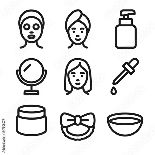 Self-Care Icon Set. Outline icon set of self-care mirror rituals: facial mask, towel head wrap, skincare bottle, mirror on stand,