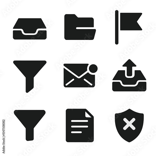 Email Icon Set. Solid, filled icons set of email management: inbox tray, archive folder, flagged mail, trash