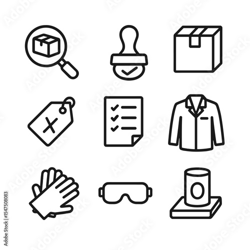 Quality Control Icons. Outline icon set of quality control inspection: magnifying glass over box, checkmark stamp, sealed package,