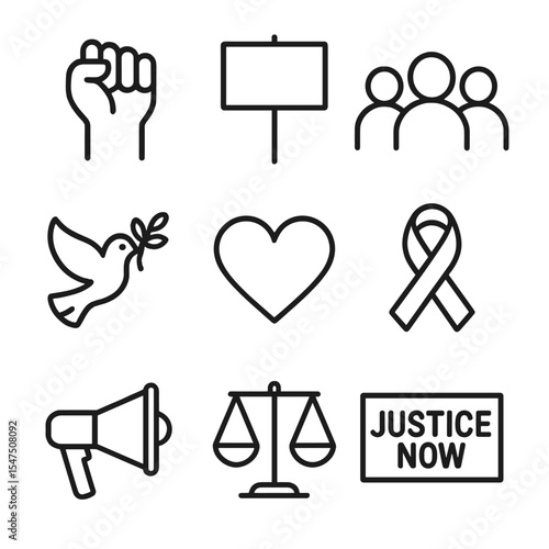 Racial Justice Icons. Outline icon set of racial justice rally: raised fist, protest sign, diverse group silhouettes, peace dove,