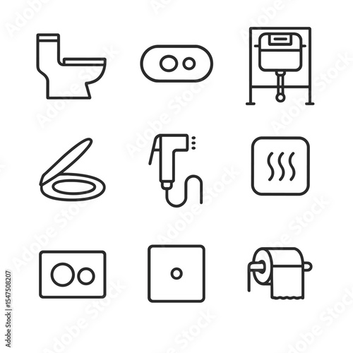 Contemporary Toilet Icons. Outline icon set of contemporary toilet fixtures: wall-hung toilet, dual-flush button, concealed
