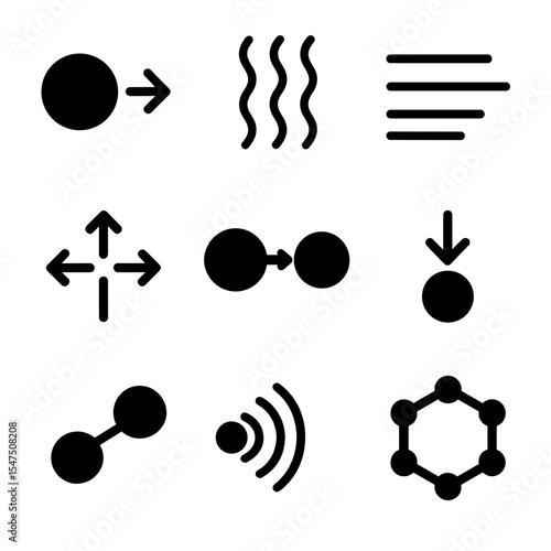 Energy Transfer Icons. Solid, filled icons set of energy transfer in matter: kinetic icon, heat wave, motion