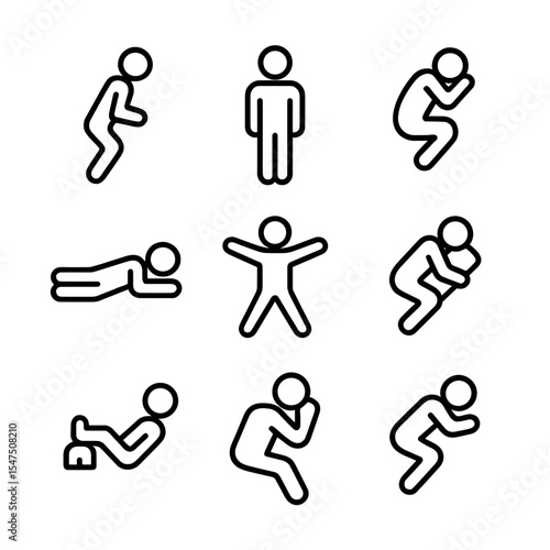 Sleep Position Icons. Outline icon set of sleep positions: side sleeper, back sleeper, fetal curl, stomach sleeper, starfish pose,