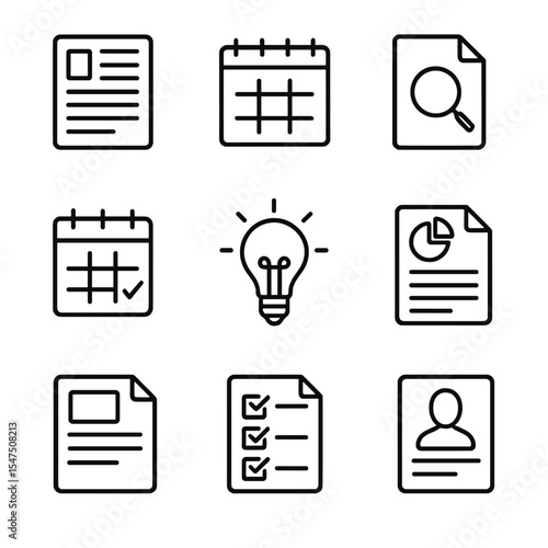 Content Marketing Icons. Outline icon set of content marketing strategy: blog post, editorial calendar, research document, idea