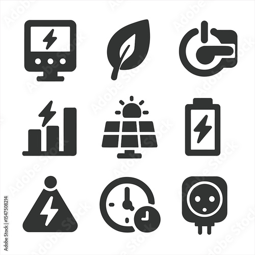 Energy Management Icons. Solid, filled icons set of energy-efficient device management: energy meter, eco mode