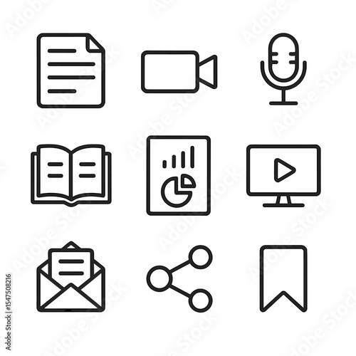 Content Icon Set. Outline icon set of content affinity groups: blog post icon, video camera, podcast mic, ebook, infographic,