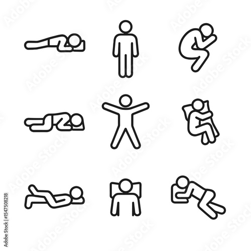 Sleep Position Icons. Outline icon set of sleep positions: side sleeper, back sleeper, fetal curl, stomach sleeper, starfish pose,