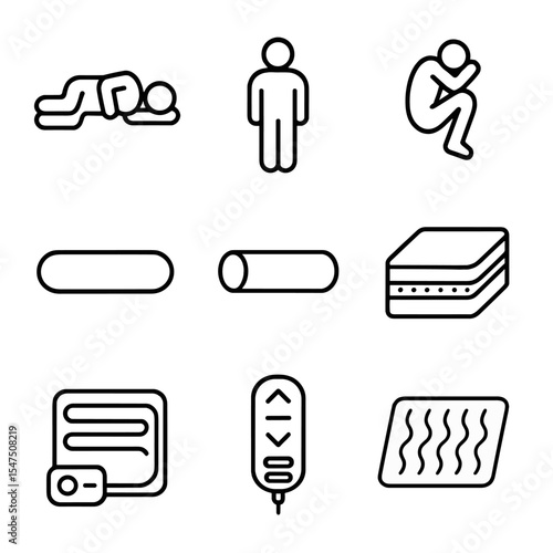 Sleep Position Icons. Outline icon set of sleep position comforts: side sleeper silhouette, back sleeper silhouette, fetal curl