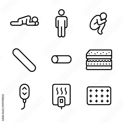 Sleep Position Icons. Outline icon set of sleep position comforts: side sleeper silhouette, back sleeper silhouette, fetal curl