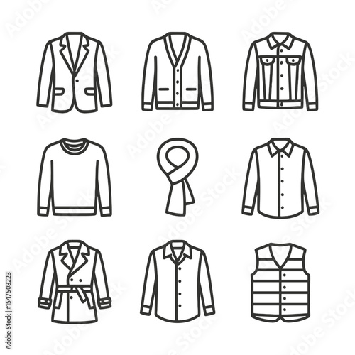 Smart Casual Icons. Outline icon set of smart casual layering pieces: blazer, cardigan, denim jacket, lightweight sweater, vest,