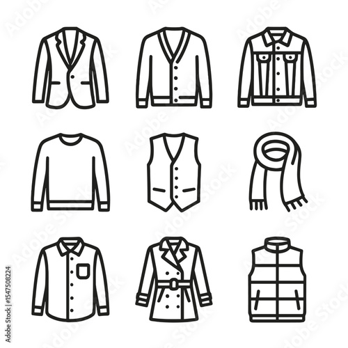 Smart Casual Icons. Outline icon set of smart casual layering pieces: blazer, cardigan, denim jacket, lightweight sweater, vest,