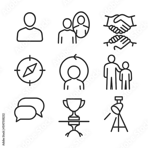 Reflective Leadership Icons. Outline icon set of reflective leadership concepts: leader silhouette, team mirror image, handshake