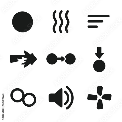 Energy Transfer Icons. Solid, filled icons set of energy transfer in matter: kinetic icon, heat wave, motion