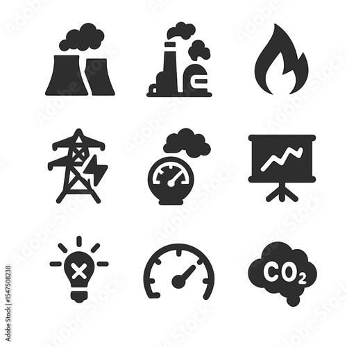 Energy Icons Grid. Solid, filled icons set of energy and emissions: coal power plant, oil refinery, gas flame,