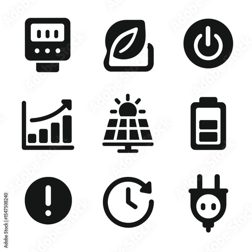 Energy Management Icons. Solid, filled icons set of energy-efficient device management: energy meter, eco mode