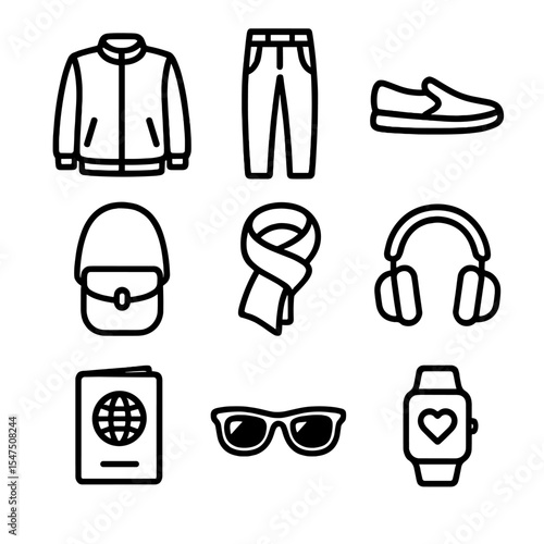 Smart Travel Icon Set. Outline icon set of smart casual travel outfits: lightweight jacket, travel pants, slip-on shoes, crossbody