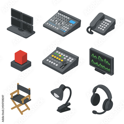 Control Room Icons. Isometric Flat icon set of control room and production desk: multi-screen monitor, mixing console, intercom