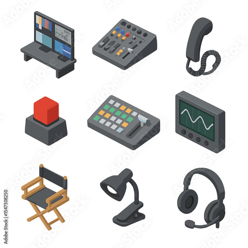 Control Room Icons. Isometric Flat icon set of control room and production desk: multi-screen monitor, mixing console, intercom