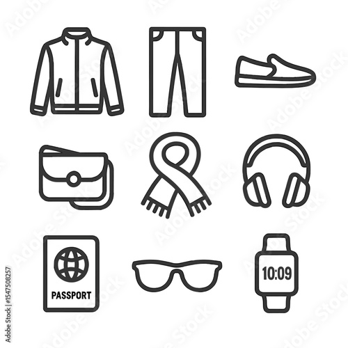 Smart Travel Icon Set. Outline icon set of smart casual travel outfits: lightweight jacket, travel pants, slip-on shoes, crossbody