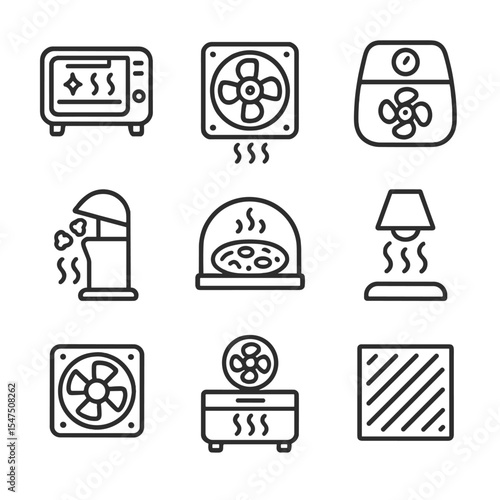 Cooking Appliance Icons. Outline icon set of cooking appliances: toaster oven fan, convection oven blower, air fryer fan, popcorn