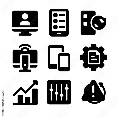Enterprise Device Icon Grid. Solid, filled icons set of enterprise device management: admin console, device