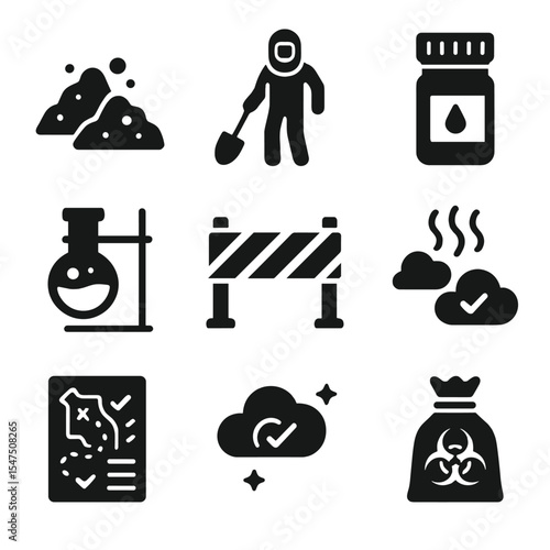 Environmental Hazard Icons. Solid, filled icons set of environmental hazard mitigation: contaminated soil,