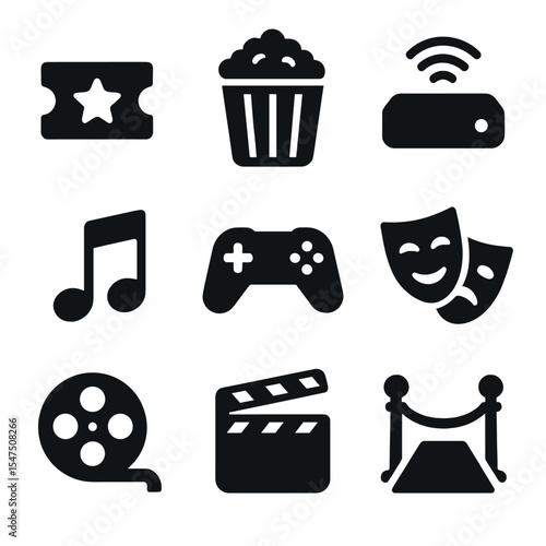 Entertainment Icon Set. Solid, filled icons set of entertainment brands: movie ticket, popcorn bucket,