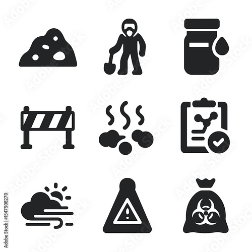Environmental Hazard Icons. Solid, filled icons set of environmental hazard mitigation: contaminated soil,