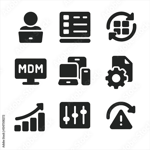 Enterprise Device Icon Grid. Solid, filled icons set of enterprise device management: admin console, device