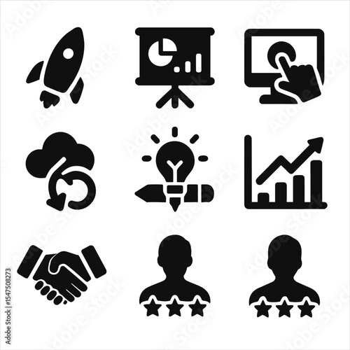 Entrepreneurial Icon Set. Solid, filled icons set of entrepreneurial risk-taking: startup rocket, pitch deck,