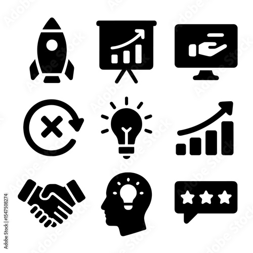 Entrepreneurial Icon Set. Solid, filled icons set of entrepreneurial risk-taking: startup rocket, pitch deck,