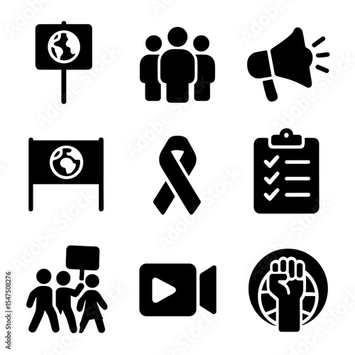 Environmental Protest Icons. Solid, filled icons set of environmental protests and awareness: protest sign,