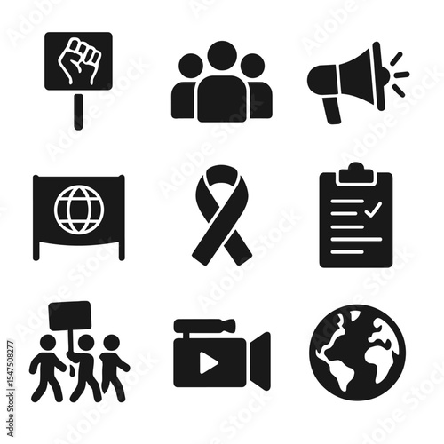 Environmental Protest Icons. Solid, filled icons set of environmental protests and awareness: protest sign,