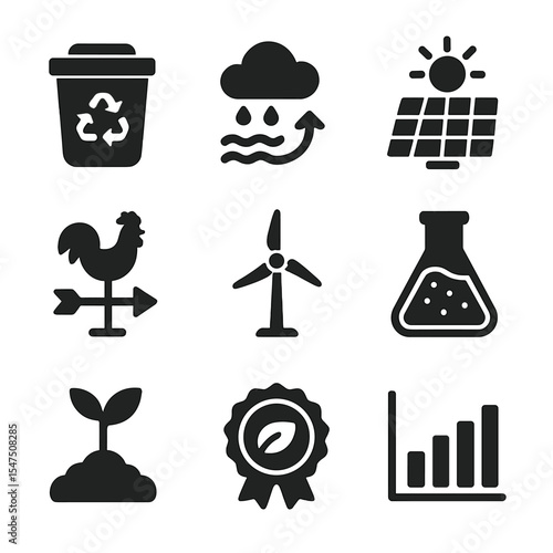 Environmental Science Icons. Solid, filled icons set of environmental science learning: recycling bin, water