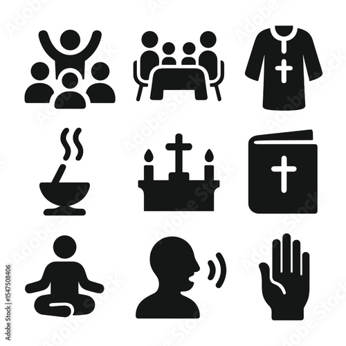 Faith Icons Grid. Solid, filled icons set of faith-based gatherings and rituals: worship group, shared meal,