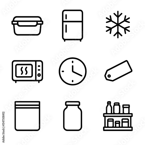 Storage Icon Set. Outline icon set of storage and leftovers: airtight container, refrigerator icon, freezer snowflake, microwave