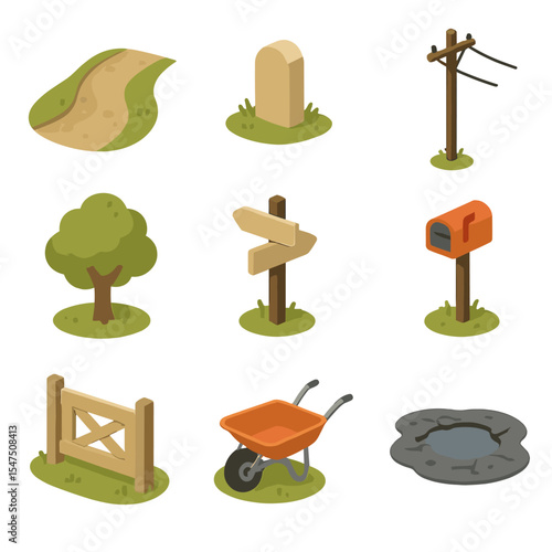 Country Road Icons. Isometric Flat icon set of country road through fields: gravel path, milestone marker, telephone pole,