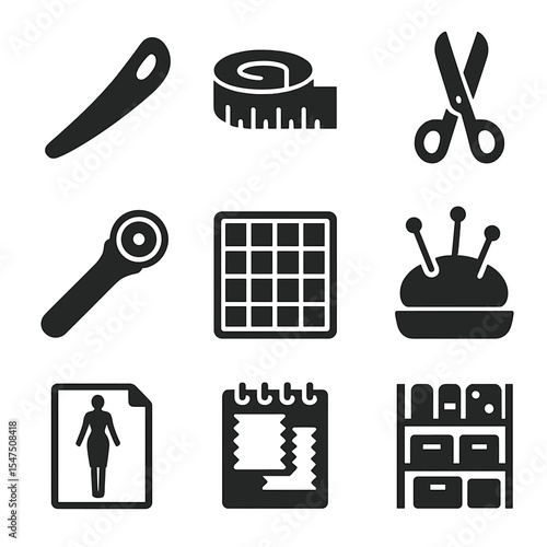 Fabric Studio Tools Icons. Solid, filled icons set of tools in fabric design studios: pattern ruler, measuring